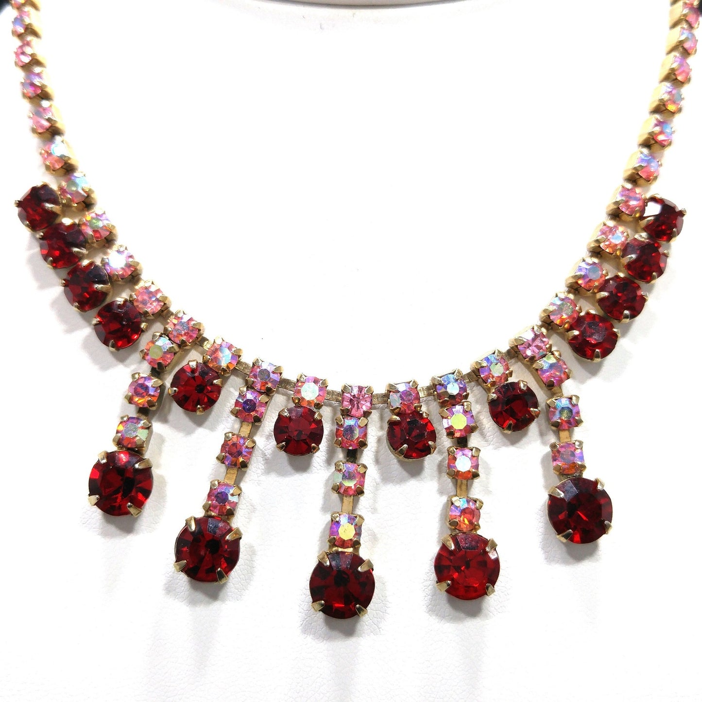 Vintage 1950s Red & Pink AB Rhinestone Choker Necklace Gold Tone 14.5"
