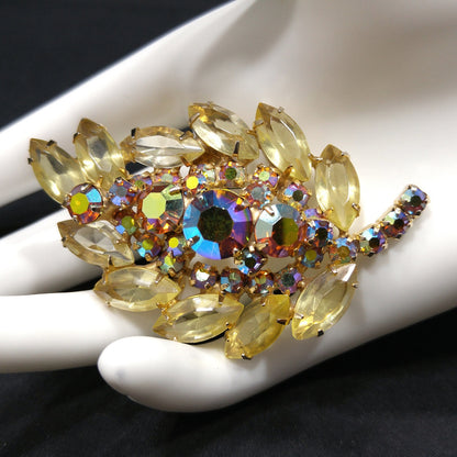 Yellow & Topaz Aurora Borealis Rhinestone Leaf Brooch, Open Back Stones, Gold Plated, 1960s Vintage Jewelry
