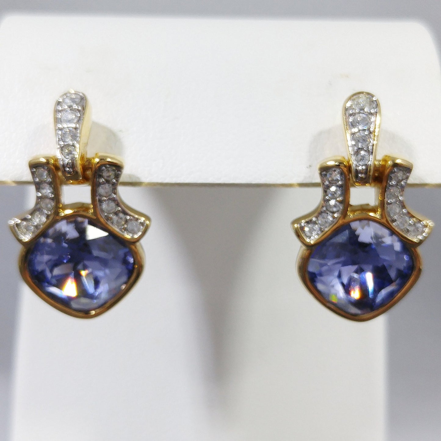 Swarovski Purple Crystal Post Earrings, Gold Plated, Swan Logo, 1990s Vintage