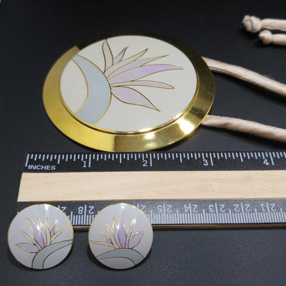 Laurel Burch "Bird of Paradise" Necklace & Earrings Set, Gold Plate Cloisonné Pastel Enamel, 1980s Vintage Jewelry