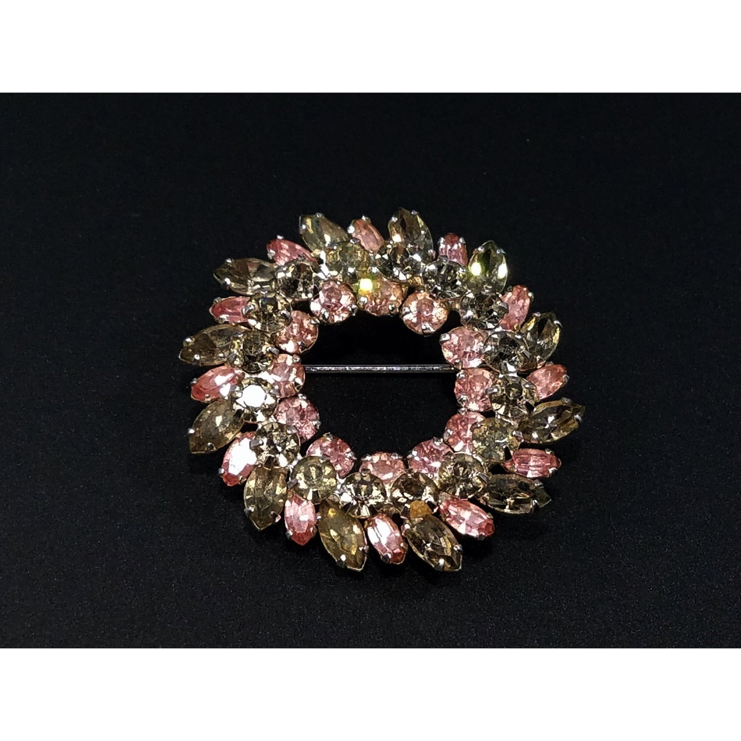 Sherman 1950s Pink & Smoky Gray Rhinestone Wreath Brooch | Rhodium Plated Mid-Century Signed Pin