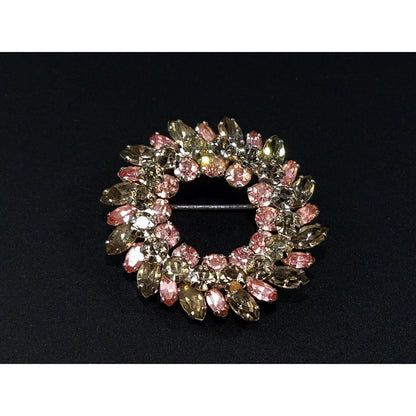 Sherman 1950s Pink & Smoky Gray Rhinestone Wreath Brooch | Rhodium Plated Mid-Century Signed Pin