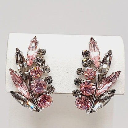 Vintage Sherman Pink Silver Floral Spray Rhodium Plated Clip Earrings