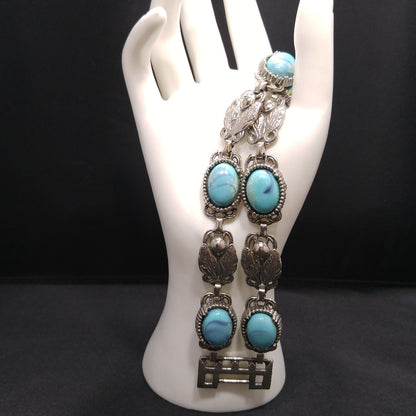 Lucite Faux Turquoise Double Strand Bracelet, Silver Leaves, 1950s Vintage Jewelry