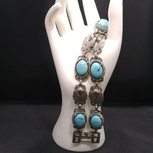 Lucite Faux Turquoise Double Strand Bracelet, Silver Leaves, 1950s Vintage Jewelry