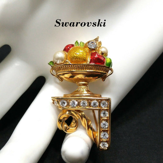Swarovski Fruit Bowl Brooch, Enamel & Rhinestones, Vintage 1980s
