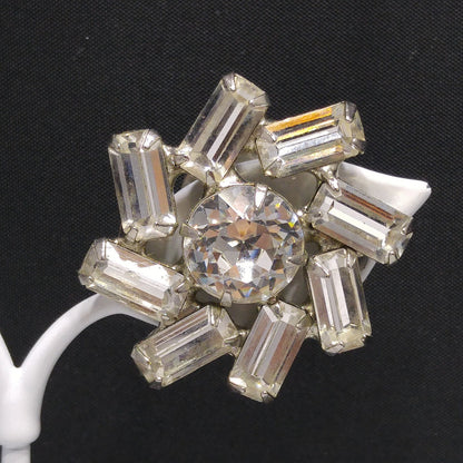 Vintage 1950s Weiss Clear Rhinestone Clip Earrings Baguette Floral Wedding
