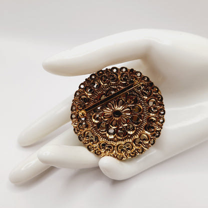 Vintage West Germany 1950s Green Rhinestone Enamel Filigree Faux Pearl Layered Brooch