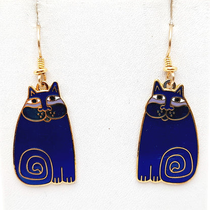 Vintage Laurel Burch Olivia Blue Cat Earrings Gold Plated