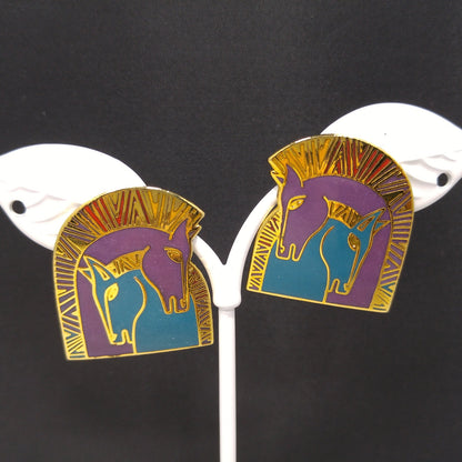 Laurel Burch "Embracing Horses" Post Earrings, Purple & Teal Enamel, Gold Plated