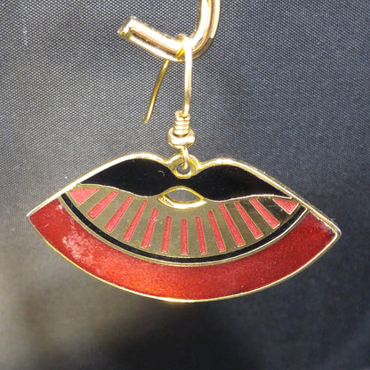 Laurel Burch Metallic Red Fan Earrings, Cloisonne Gold Plate Enamel, 1980s Vintage Jewelry
