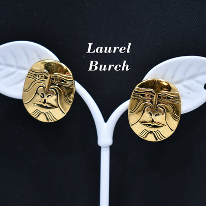 Laurel Burch Eiko Post Earrings, Gold Plated, Japanese Mask, 1980s Vintage