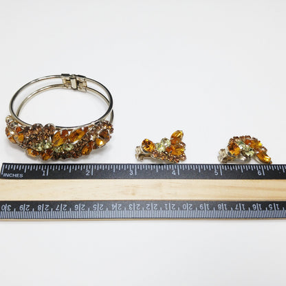 Rhinestone Hinged Bracelet & Earrings, Light Topaz Jonquil, 1960s Vintage Jewelry