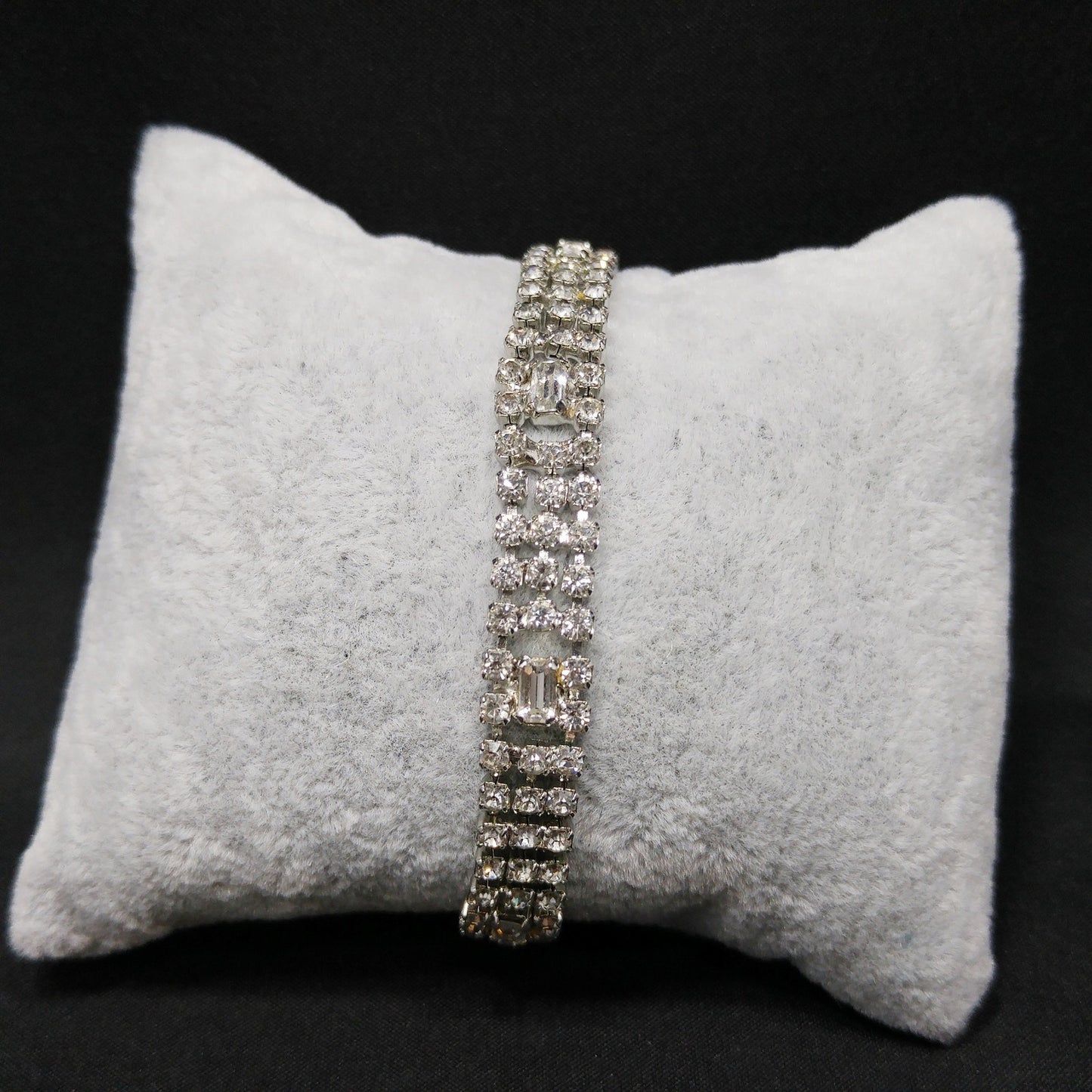 Kramer Clear Rhinestone Bracelet, Rhodium Plated, 1950s Vintage Jewelry