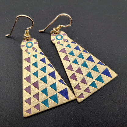 Laurel Burch Geometric Long Earrings, Gold Filled Ear Wires, 1980s Vintage Jewelry
