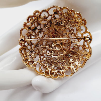 Vintage WEISS Red & Pink Rhinestone Gold Tone Flower Brooch 2 Inch