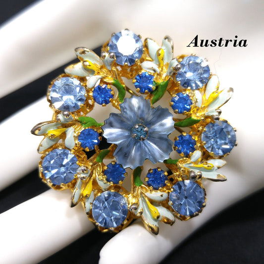 Austria Blue Rhinestone & Enamel Floral Brooch, Blue Glass Flower Center, 1950s Vintage Jewelry