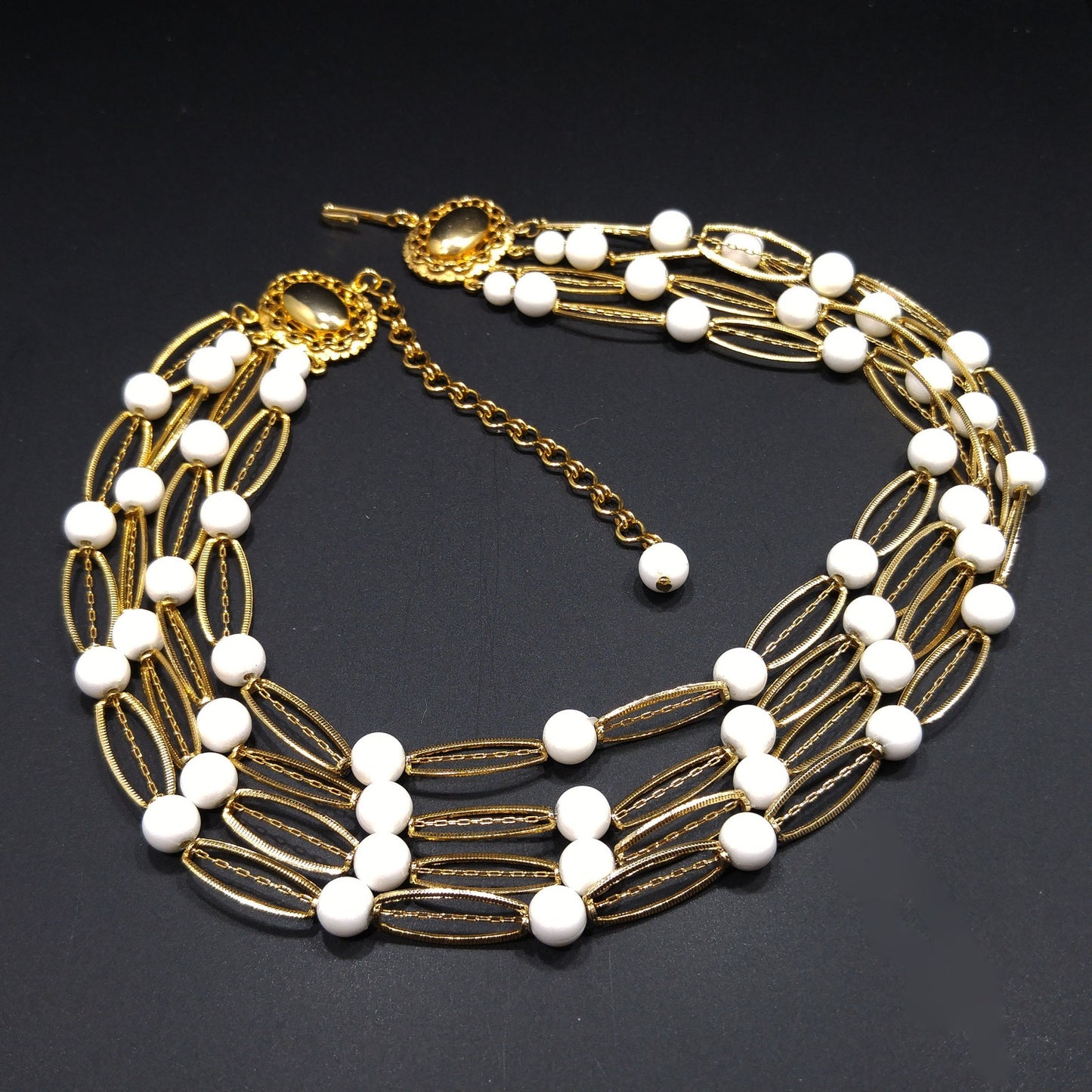 Kramer White Lucite 4 Strand Necklace, Gold tone, 1950s Vintage Jewelry