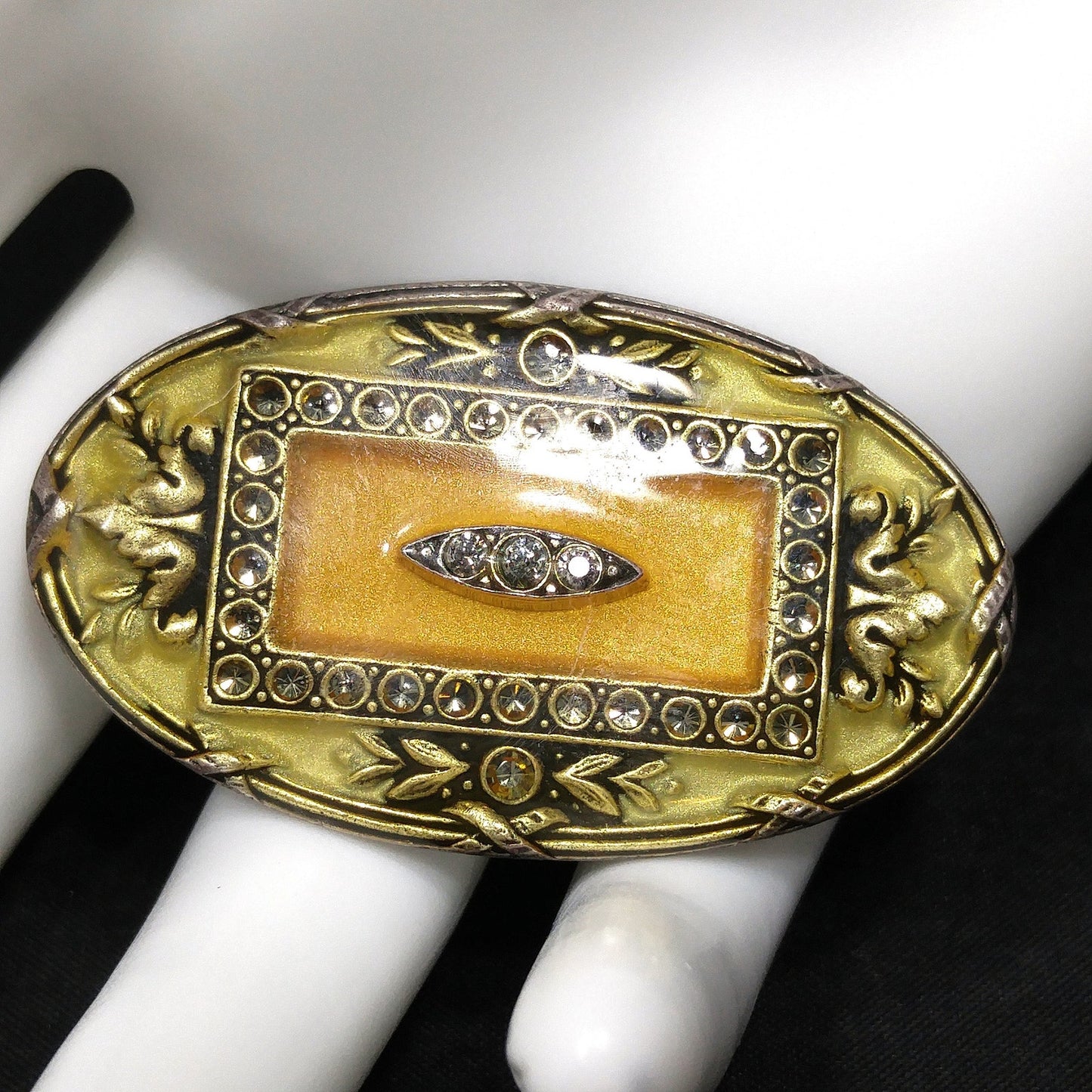 Catherine Popesco Oval Brooch, Cream & Gold Enamel, Rhinestones Under Enamel, France, 1980s Vintage Jewelry