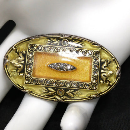 Catherine Popesco Oval Brooch, Cream & Gold Enamel, Rhinestones Under Enamel, France, 1980s Vintage Jewelry