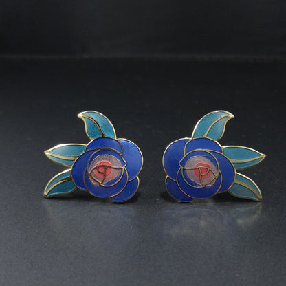 Vintage Laurel Burch Blue "Deco Rose" Post Earrings, 1980s Vintage Jewelry