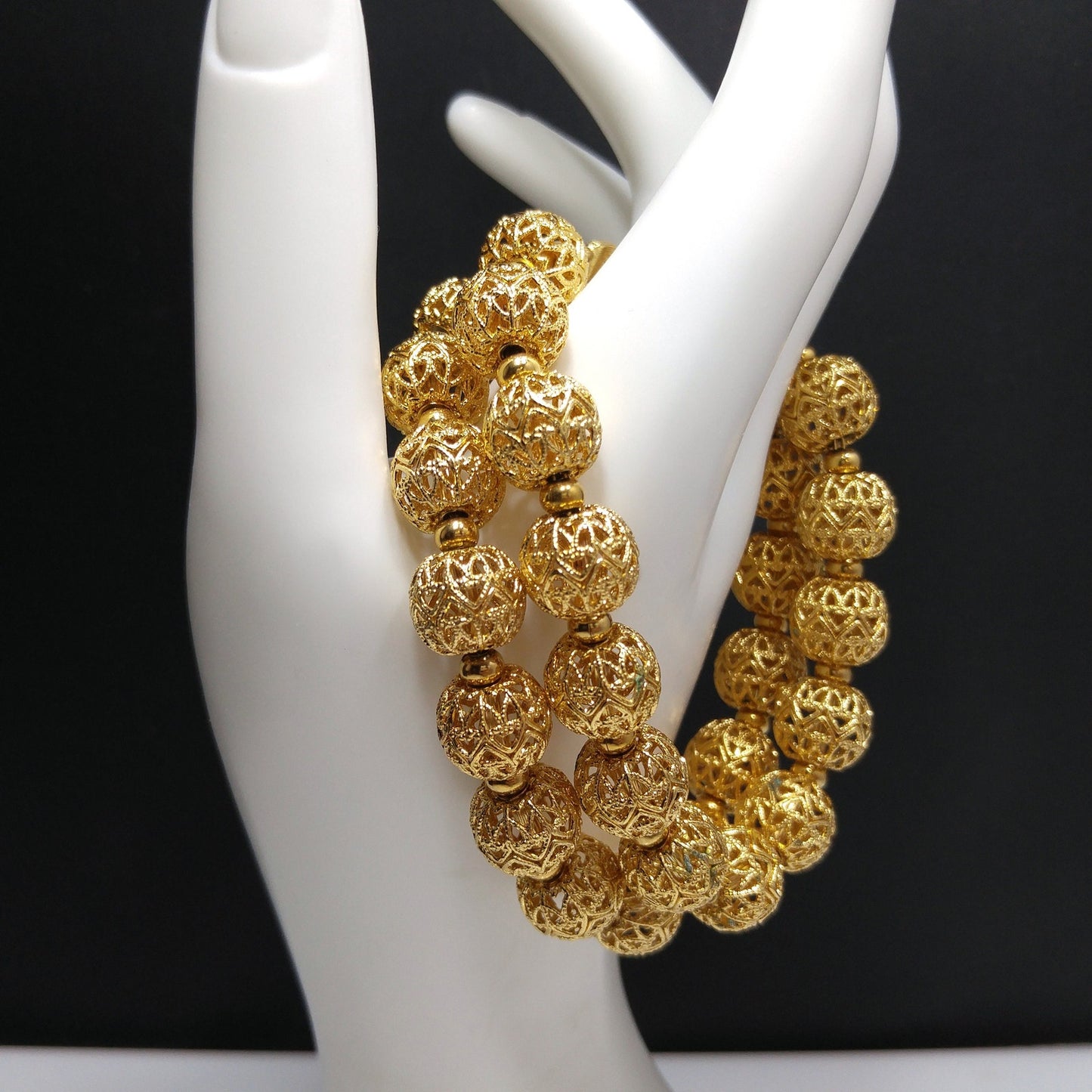 Monet Filigree Beaded Two Strand Bracelet, Gold Plated, Strung on Chain, 1960s Vintage Jewelry