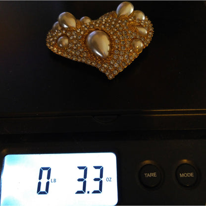 Scaasi Heart Faux Pearl Brooch Pendant, Designer Runway Jewelry, 1980s Vintage Jewelry