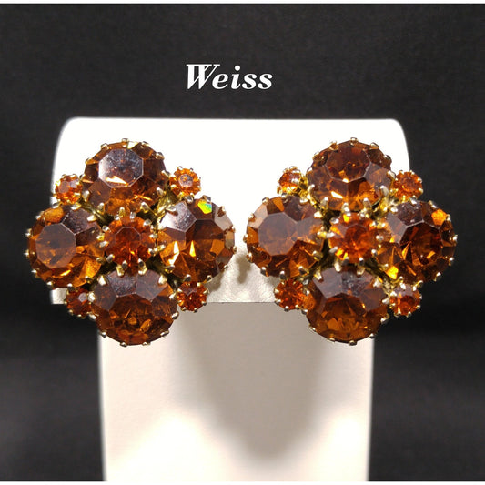 Weiss Topaz Rootbeer Rhinestone Clip Earrings, Gold Plated, Floral Design, 1960s Vintage