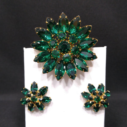 Emerald Green Rhinestone Floral Brooch & Earrings, Gold Plated, 1960s Vintage Jewelry