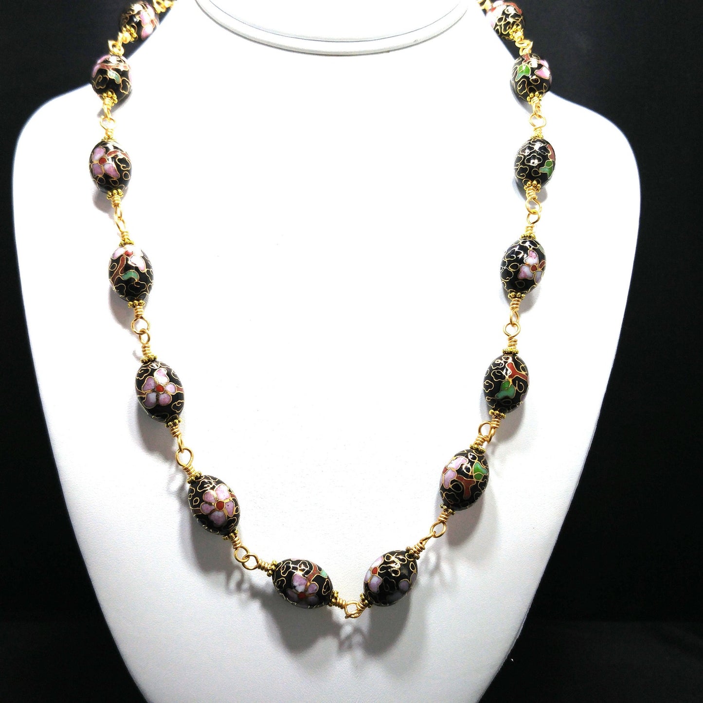 Vintage Cloisonné Beaded Necklace, Hand Wire Wrapped, 1960s Jewelry