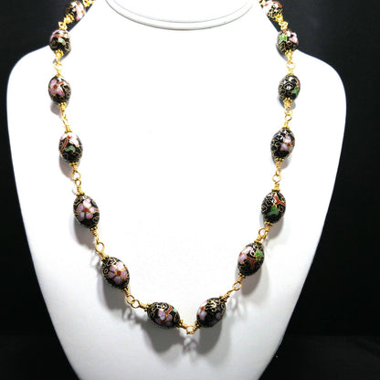 Vintage Cloisonné Beaded Necklace, Hand Wire Wrapped, 1960s Jewelry
