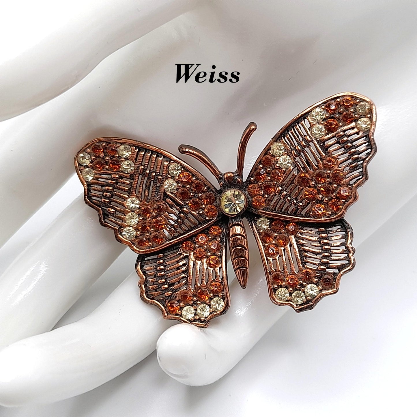 Vintage Weiss Butterfly Brooch, Copper Plated, Clear Orange Rhinestones, 1960s