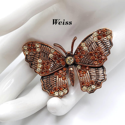 Vintage Weiss Butterfly Brooch, Copper Plated, Clear Orange Rhinestones, 1960s