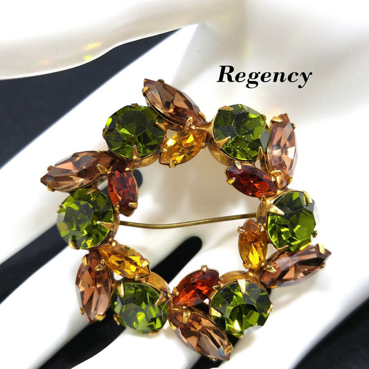 Vintage Regency Wreath Brooch, Green Topaz Citrine Crystal Rhinestones, 1950s Vintage Jewelry