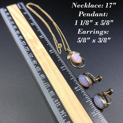 Van Dell Faux Opal Necklace Screw Back Earrings Set, 12K Gold Filled, 1950s Vintage Jewelry