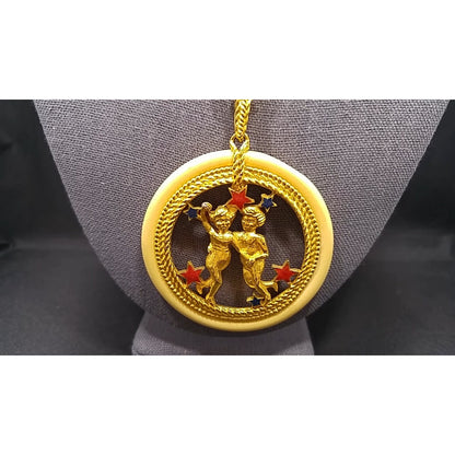 Vintage Zodiac Gemini Enamel Lucite Pendant Necklace, Original Tag, 1960s Vintage Jewelry