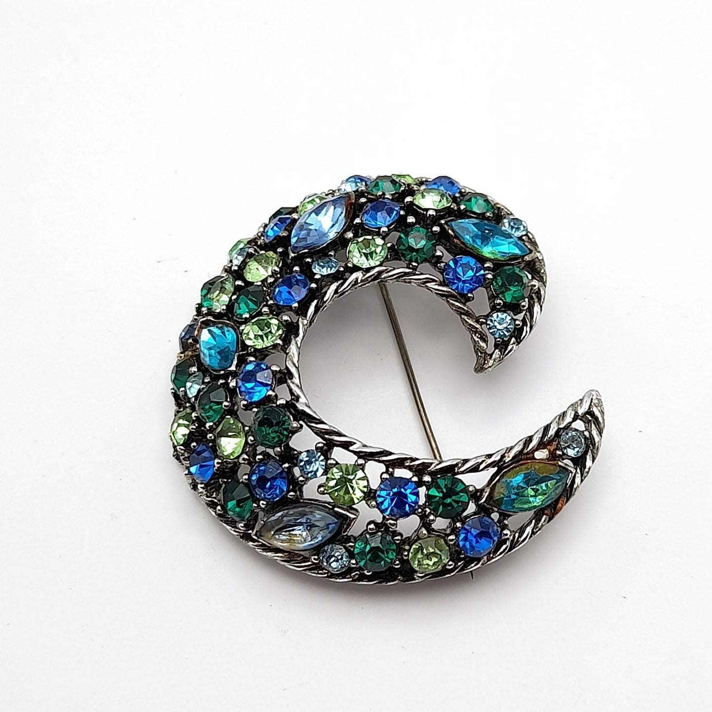 Vintage Weiss Green & Blue Rhinestone Brooch Pin