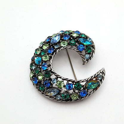 Vintage Weiss Green & Blue Rhinestone Brooch Pin