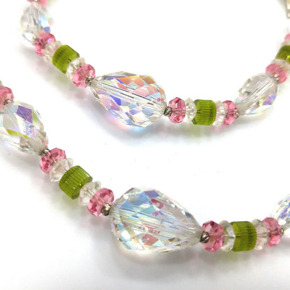 Vendome Crystal Necklace – 1960s Vintage Jewelry with Pear Shaped Swarovski Beads, Pink & Green Accents, 22 Inch Strand