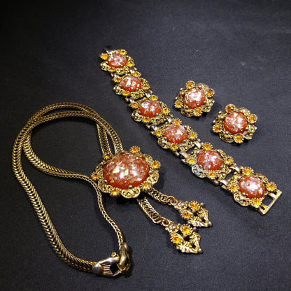 Vintage Glitter Lucite Necklace Bracelet Earrings Set Selro Style 1950s Bolo