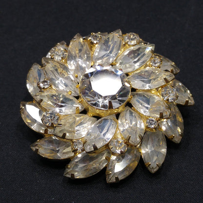 Mid-Century Clear Crystal Rhinestone Flower Brooch, Gold Plated, 1960s Vintage Jewelry