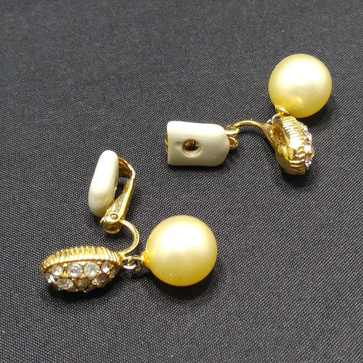 Ciner Faux Pearl Dangle Clip Earrings, Clear Rhinestones, Gold Plated, 1970s Vintage