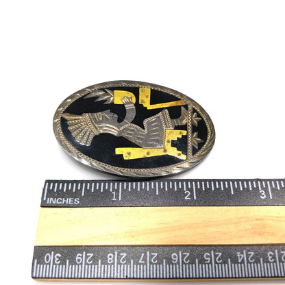 Silver Brass Inlay Onyx Brooch Pendant, Stamped DF 9Z5, Old Mexico Sterling, 1950s Vintage Jewelry