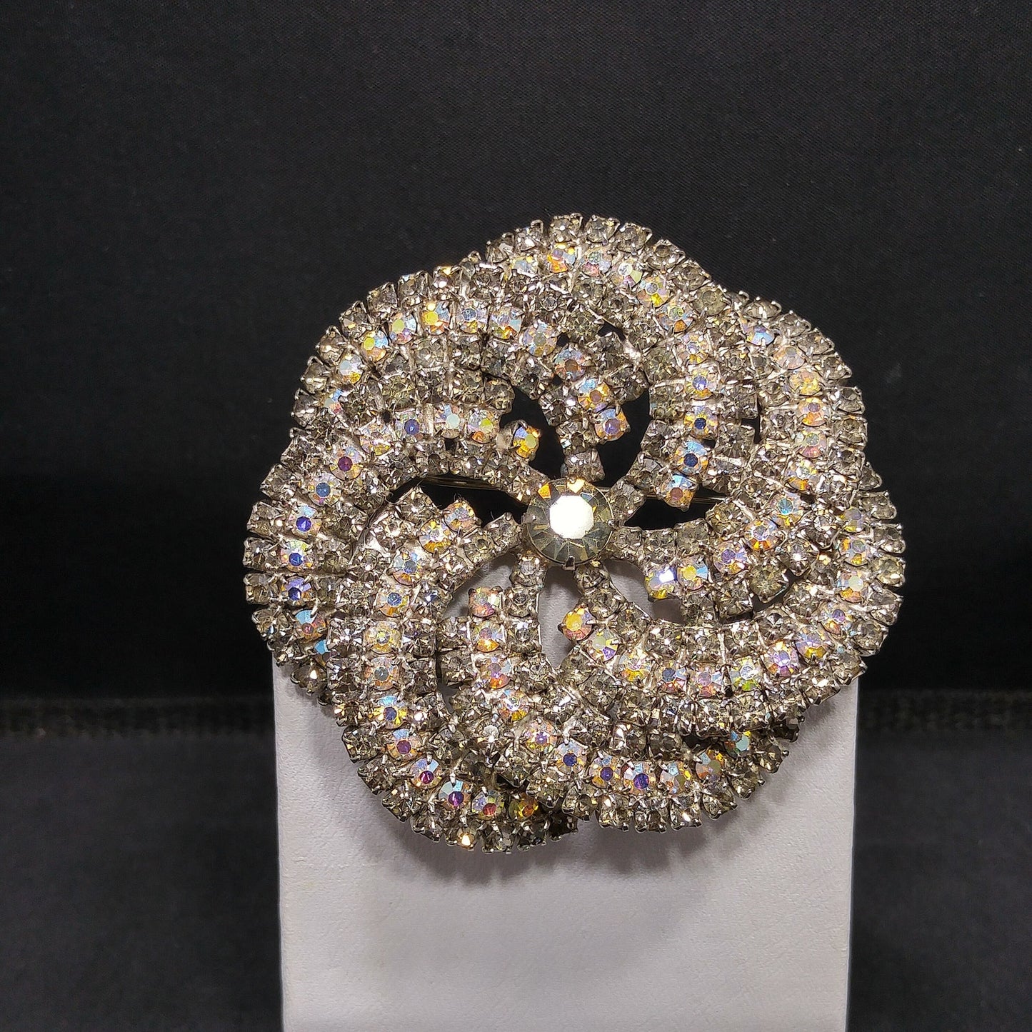 Vintage Pinwheel Rhinestones Brooch, AB Rhinestones, Rhodium Plated, 1960s