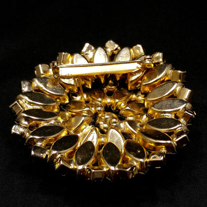 Green Aurora Borealis Rhinestone Brooch, Gold Plated, Two Tier, 1960s Vintage Jewelry