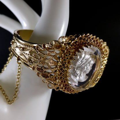 Whiting & Davis Cameo Intaglio Hinged Bracelet, Gold Plated, 1960s Vintage Jewelry