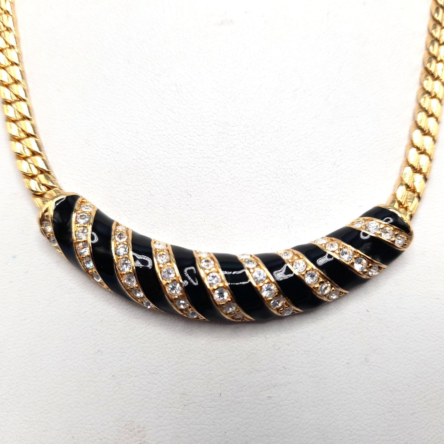 Vintage Swarovski Swan Logo Necklace – Gold Plated Black Enamel Crystal 1980s