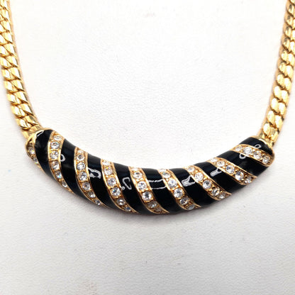 Vintage Swarovski Swan Logo Necklace – Gold Plated Black Enamel Crystal 1980s