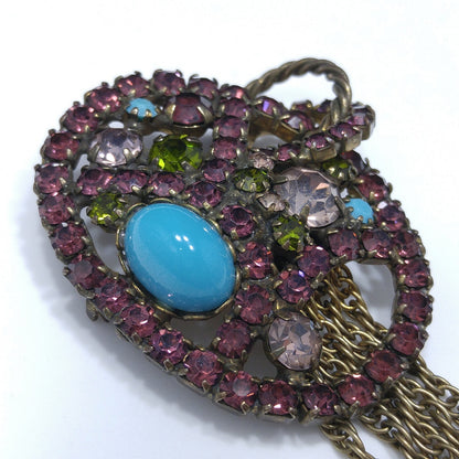 Vintage Purple Rhinestone Turquoise Cabochon Brooch, Antique Gold Tone Fringe Pin