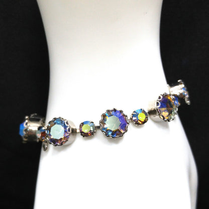 Blue Aurora Borealis Rhinestone Bracelet, Gold Plated, 1960s Vintage Jewelry